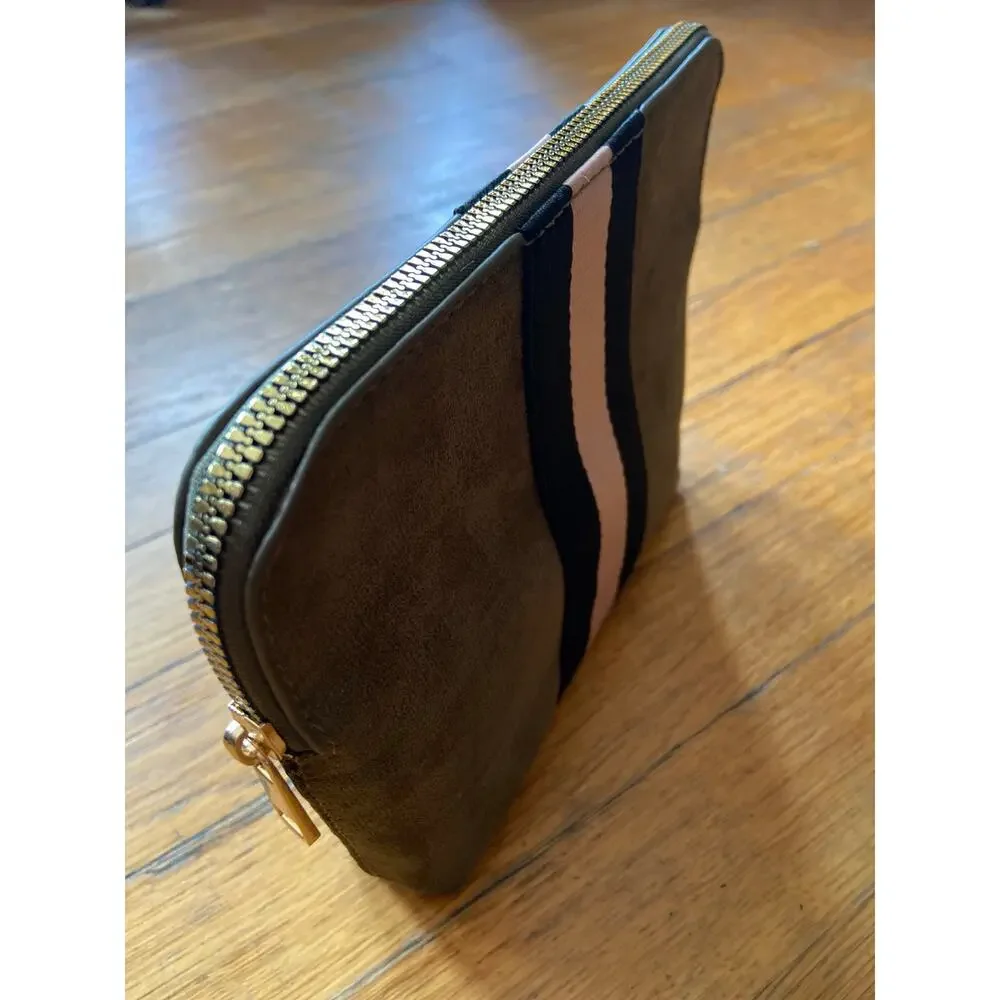 Retro Green Faux Suede Striped Zip Pouch/Clutch (NWOT)